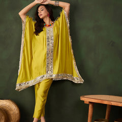 Yellow Geometric Embroidered Mirror Work Kaftan Kurta With Trousers