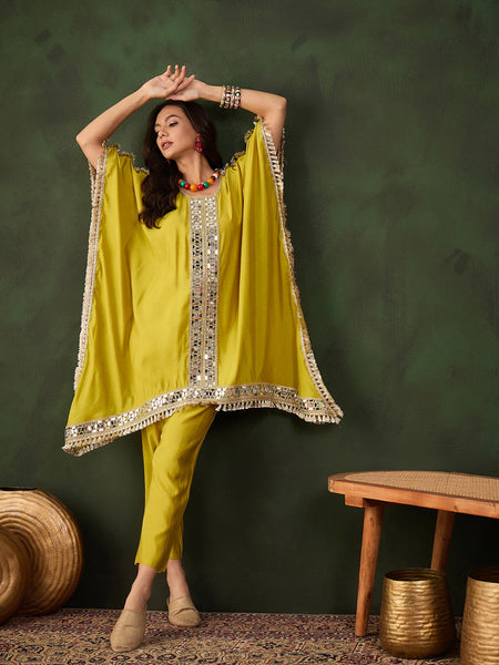 Yellow Geometric Embroidered Mirror Work Kaftan Kurta With Trousers