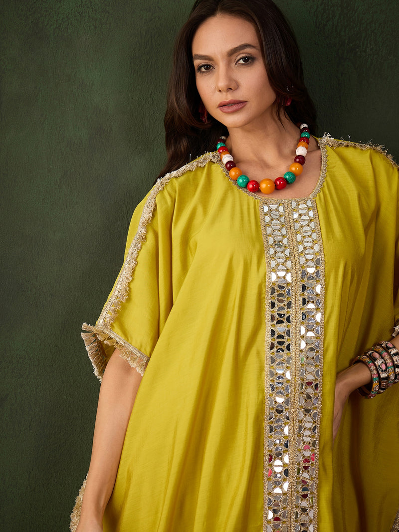 Yellow Geometric Embroidered Mirror Work Kaftan Kurta With Trousers