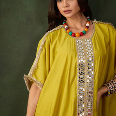 Yellow Geometric Embroidered Mirror Work Kaftan Kurta With Trousers