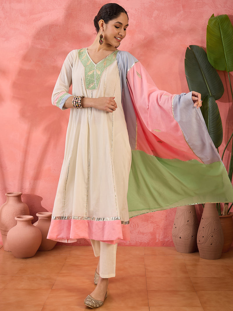 Floral Embroidered  Pure Cotton Anarkali Kurta With Trousers & Dupatta