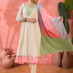 Floral Embroidered  Pure Cotton Anarkali Kurta With Trousers & Dupatta