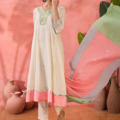 Floral Embroidered  Pure Cotton Anarkali Kurta With Trousers & Dupatta