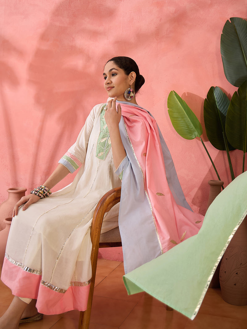 Floral Embroidered  Pure Cotton Anarkali Kurta With Trousers & Dupatta