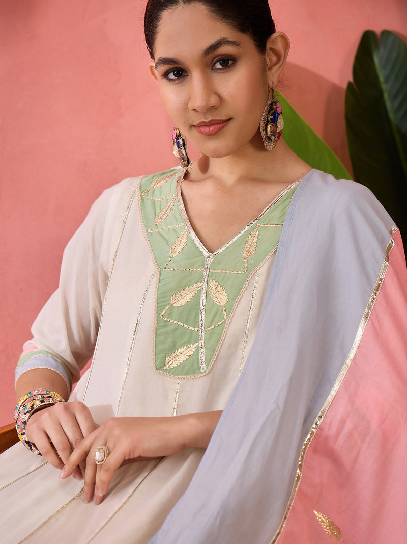 Floral Embroidered  Pure Cotton Anarkali Kurta With Trousers & Dupatta