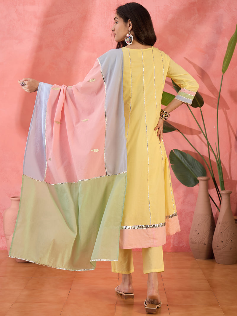Floral Embroidered  Pure Cotton Anarkali Kurta With Trousers & Dupatta