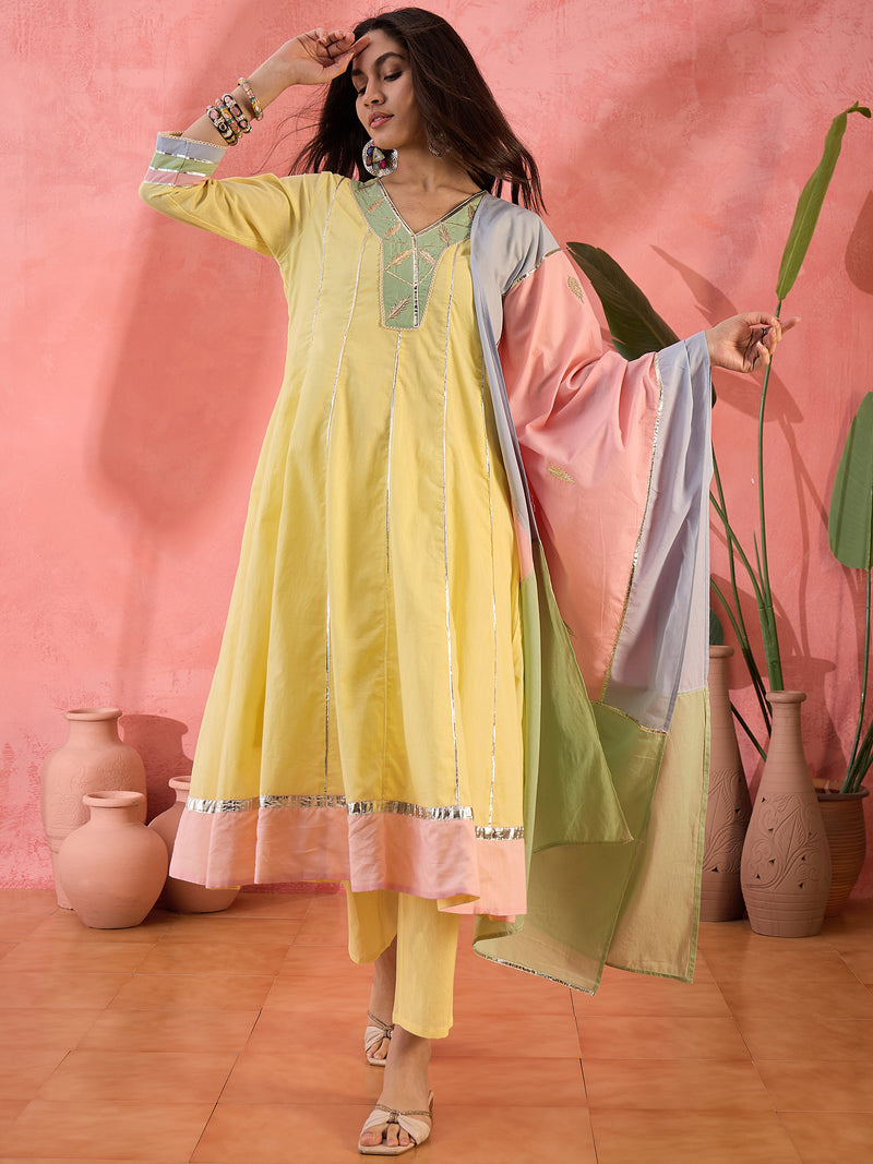 Floral Embroidered  Pure Cotton Anarkali Kurta With Trousers & Dupatta
