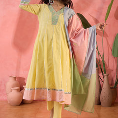Floral Embroidered  Pure Cotton Anarkali Kurta With Trousers & Dupatta