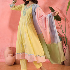 Floral Embroidered  Pure Cotton Anarkali Kurta With Trousers & Dupatta
