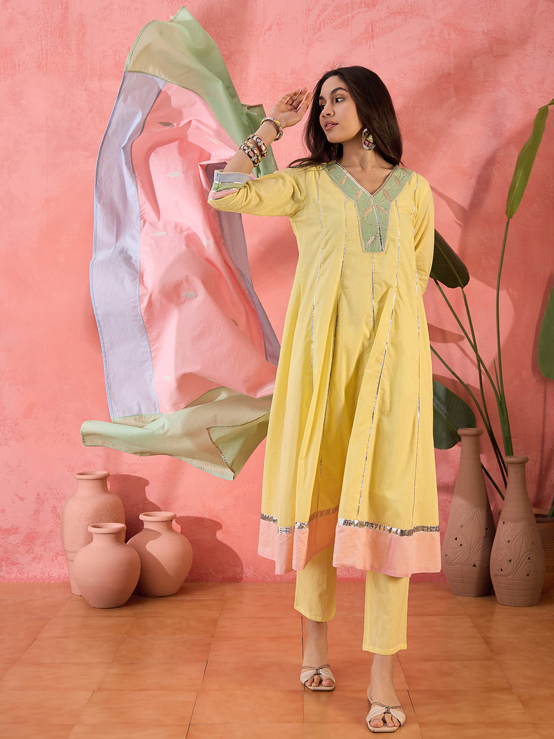 Floral Embroidered  Pure Cotton Anarkali Kurta With Trousers & Dupatta