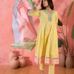 Floral Embroidered  Pure Cotton Anarkali Kurta With Trousers & Dupatta
