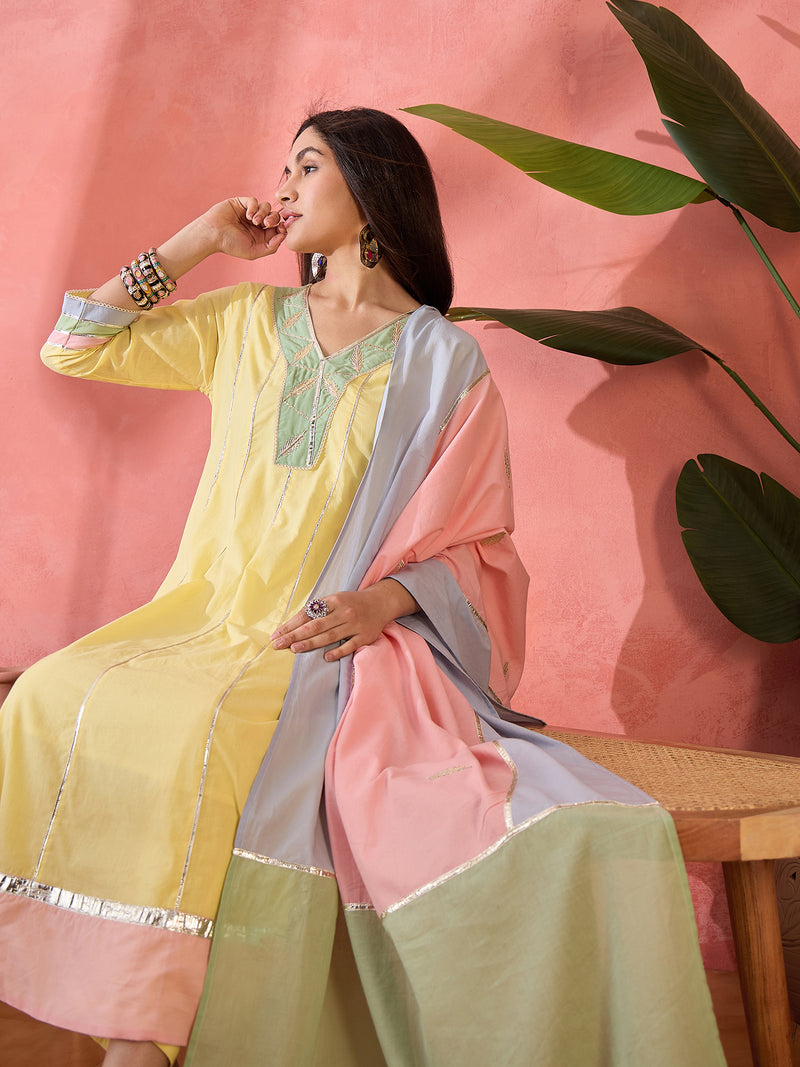 Floral Embroidered  Pure Cotton Anarkali Kurta With Trousers & Dupatta