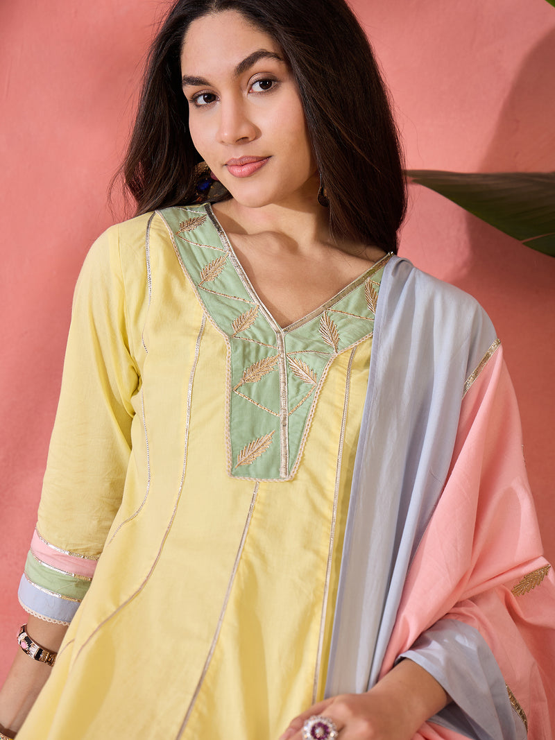 Floral Embroidered  Pure Cotton Anarkali Kurta With Trousers & Dupatta