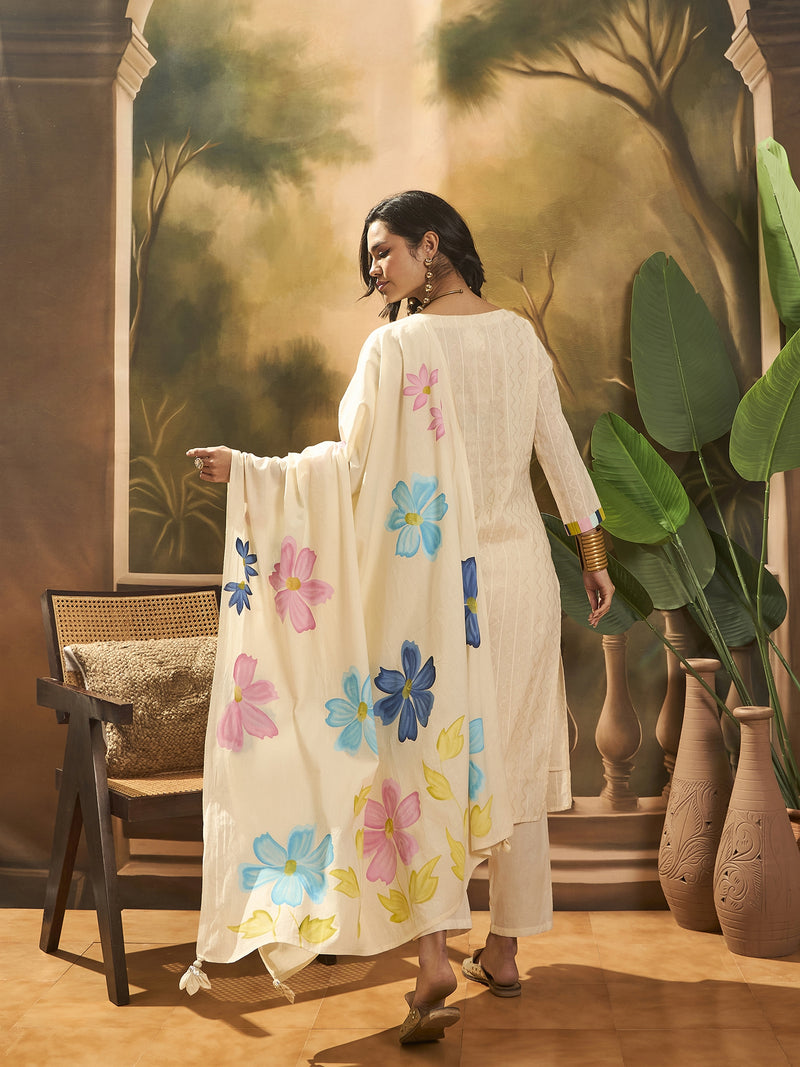 Floral Embroidered Pure Cotton Straight Kurta With Trousers & Dupatta