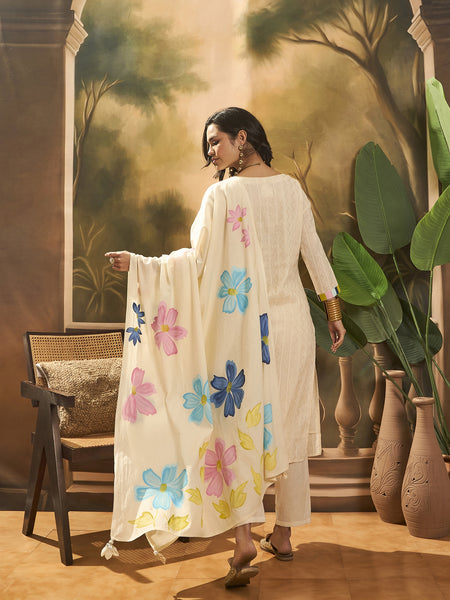 Floral Embroidered Pure Cotton Straight Kurta With Trousers & Dupatta
