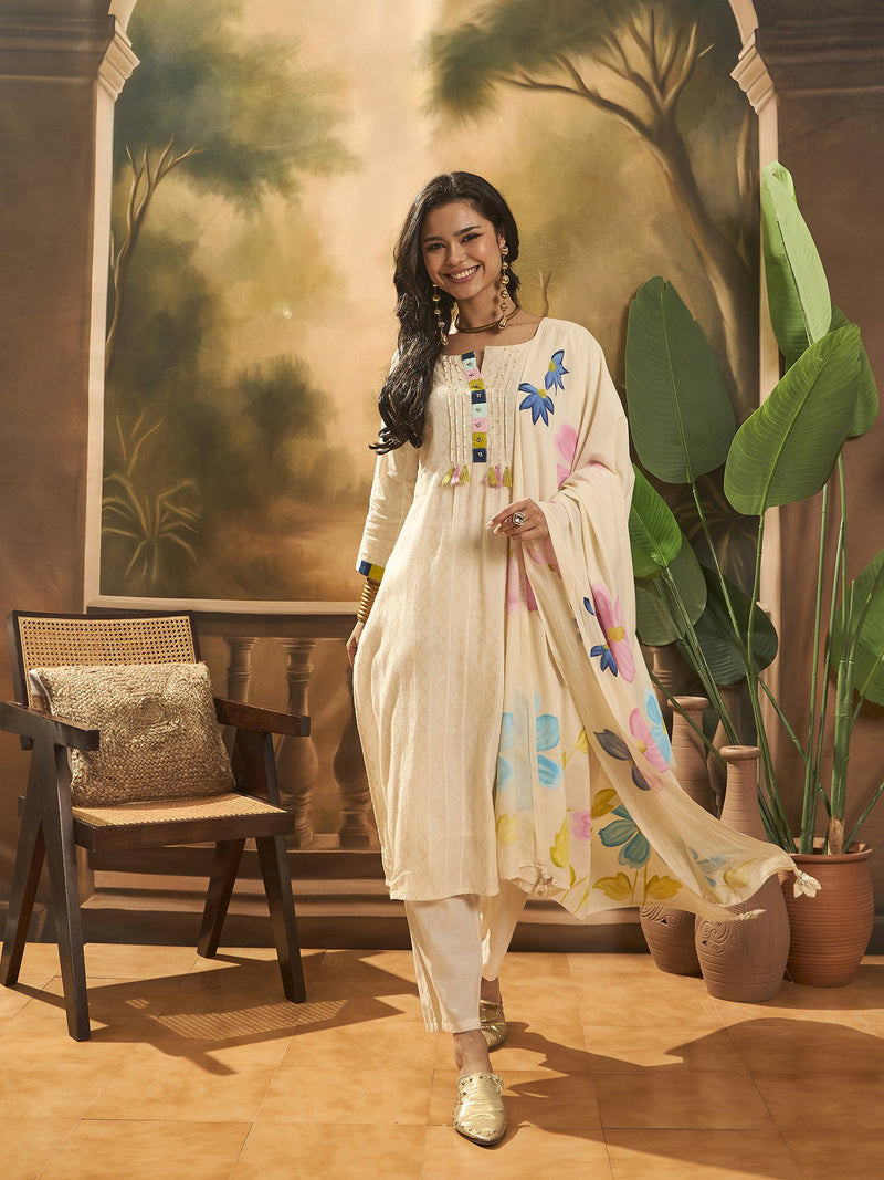Floral Embroidered Pure Cotton Straight Kurta With Trousers & Dupatta