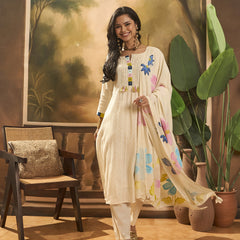 Floral Embroidered Pure Cotton Straight Kurta With Trousers & Dupatta
