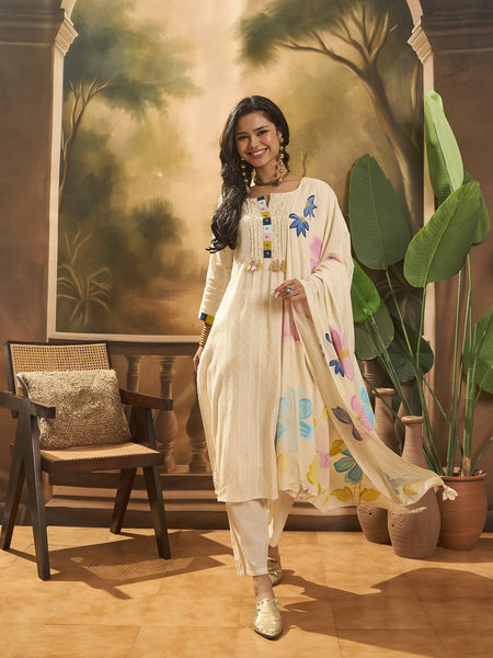 Floral Embroidered Pure Cotton Straight Kurta With Trousers & Dupatta