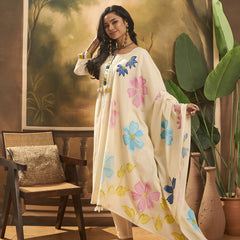 Floral Embroidered Pure Cotton Straight Kurta With Trousers & Dupatta