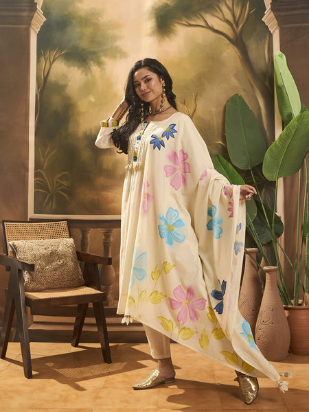 Floral Embroidered Pure Cotton Straight Kurta With Trousers & Dupatta