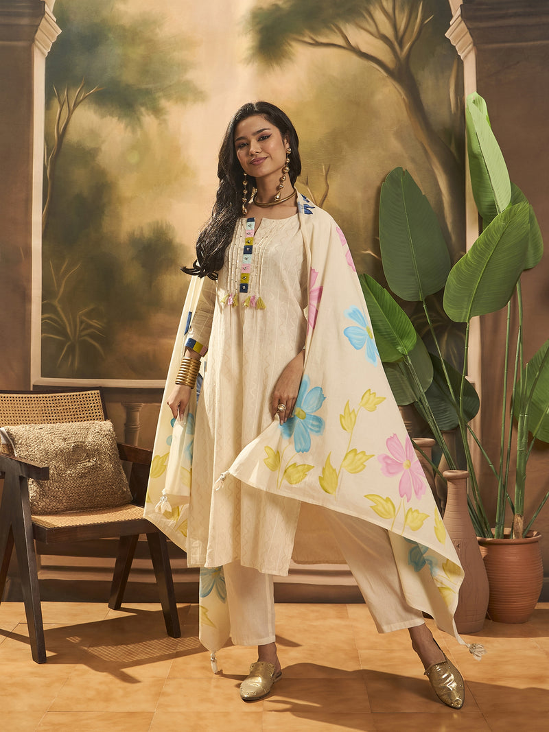 Floral Embroidered Pure Cotton Straight Kurta With Trousers & Dupatta
