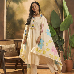 Floral Embroidered Pure Cotton Straight Kurta With Trousers & Dupatta