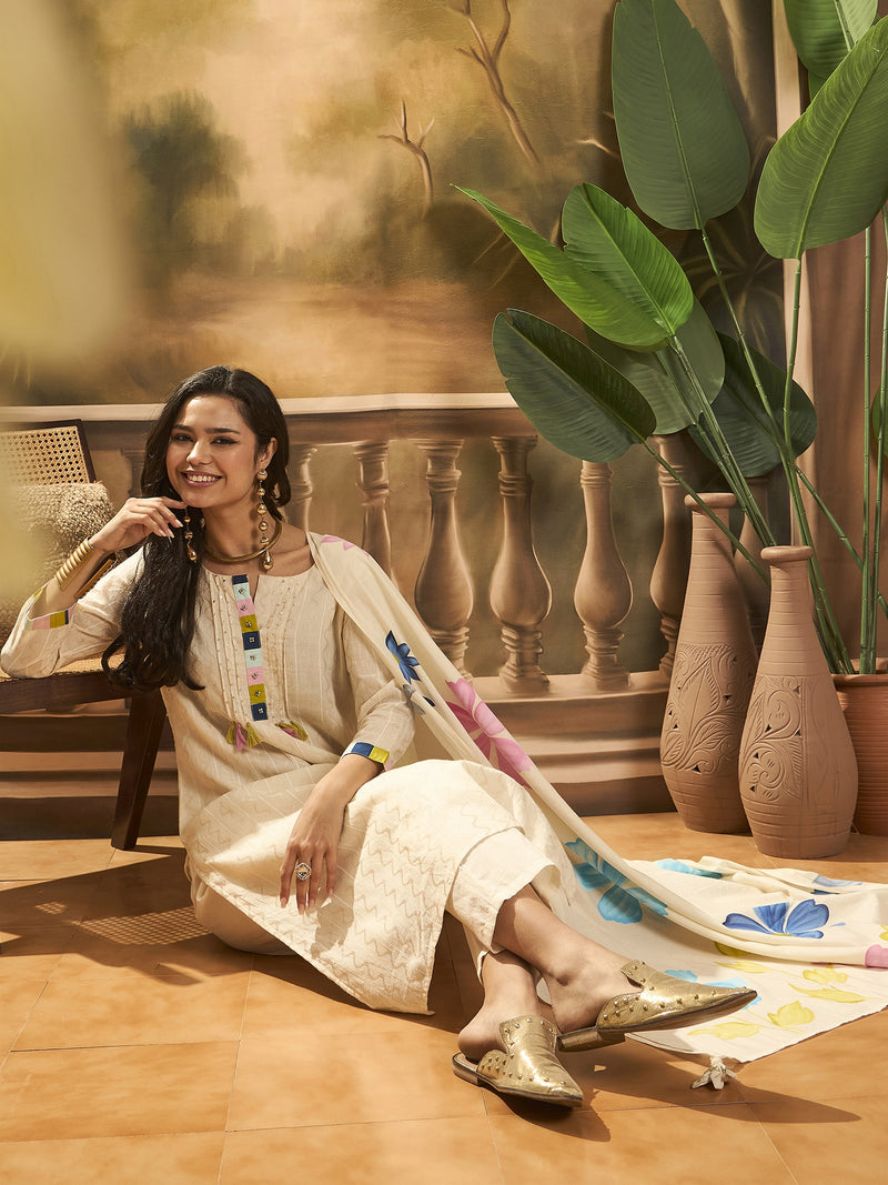 Floral Embroidered Pure Cotton Straight Kurta With Trousers & Dupatta