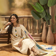 Floral Embroidered Pure Cotton Straight Kurta With Trousers & Dupatta