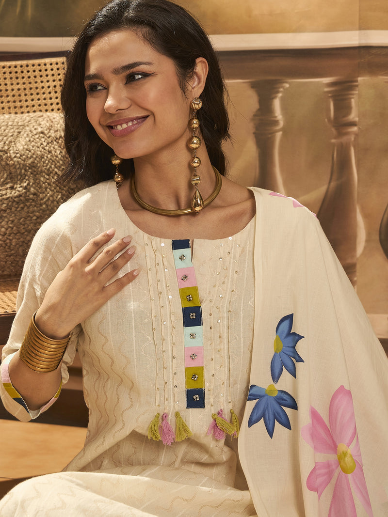 Floral Embroidered Pure Cotton Straight Kurta With Trousers & Dupatta