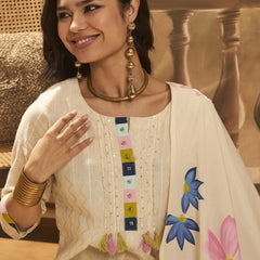 Floral Embroidered Pure Cotton Straight Kurta With Trousers & Dupatta