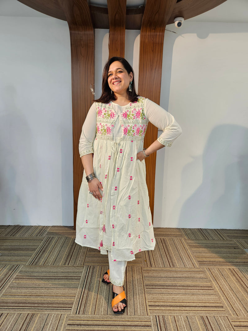Off-White Pure Cotton Embroidered Kurta with Jacket & Trouser