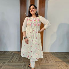 Off-White Pure Cotton Embroidered Kurta with Jacket & Trouser