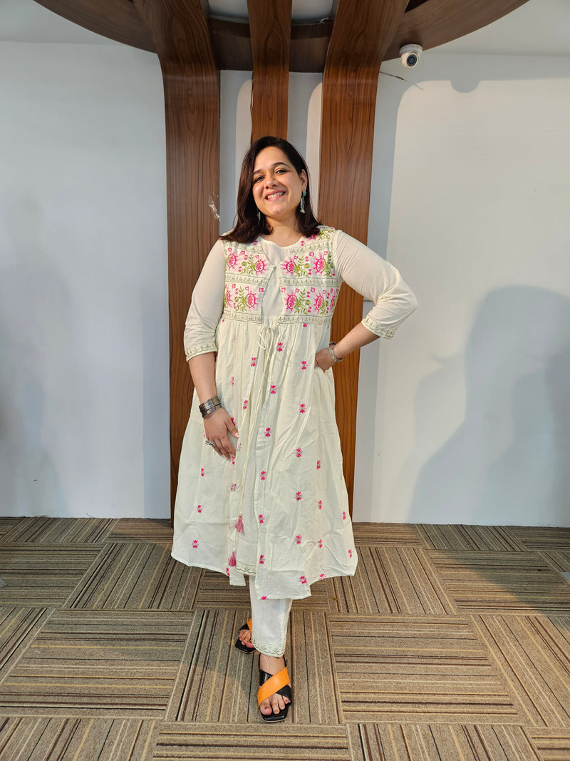 Off-White Pure Cotton Embroidered Kurta with Jacket & Trouser