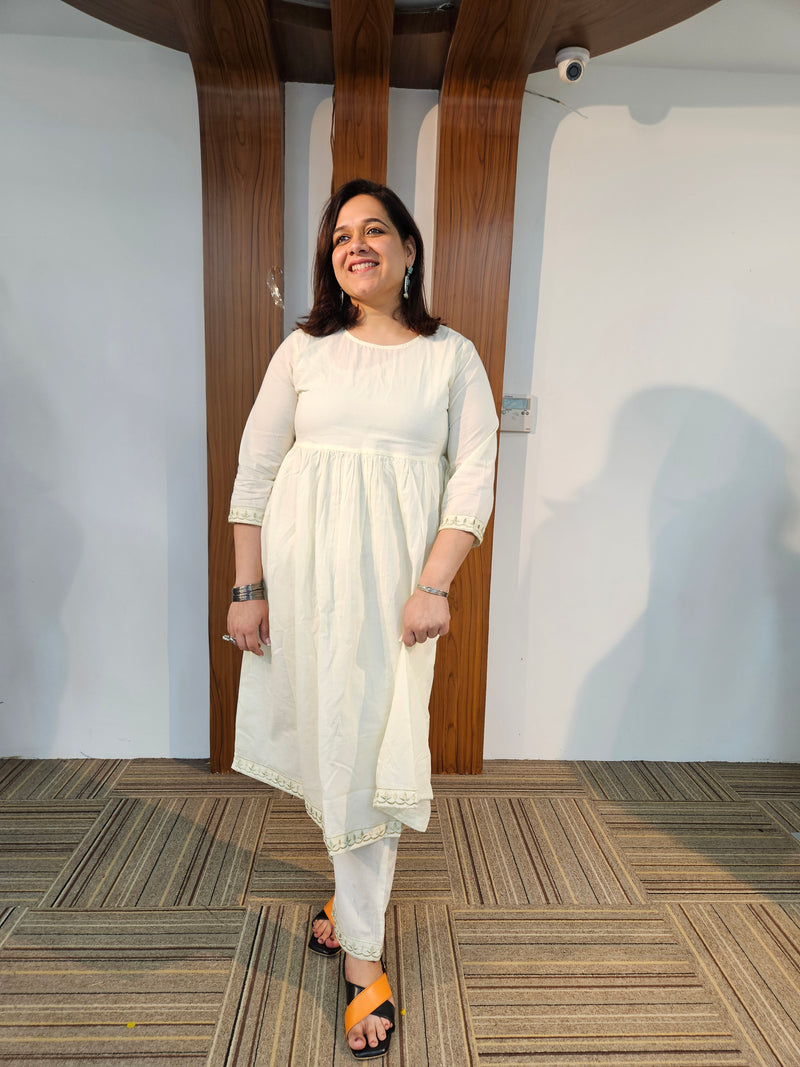 Off-White Pure Cotton Embroidered Kurta with Jacket & Trouser