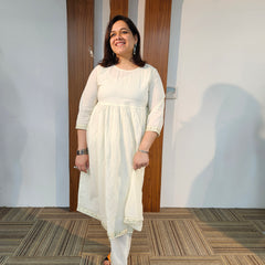 Off-White Pure Cotton Embroidered Kurta with Jacket & Trouser