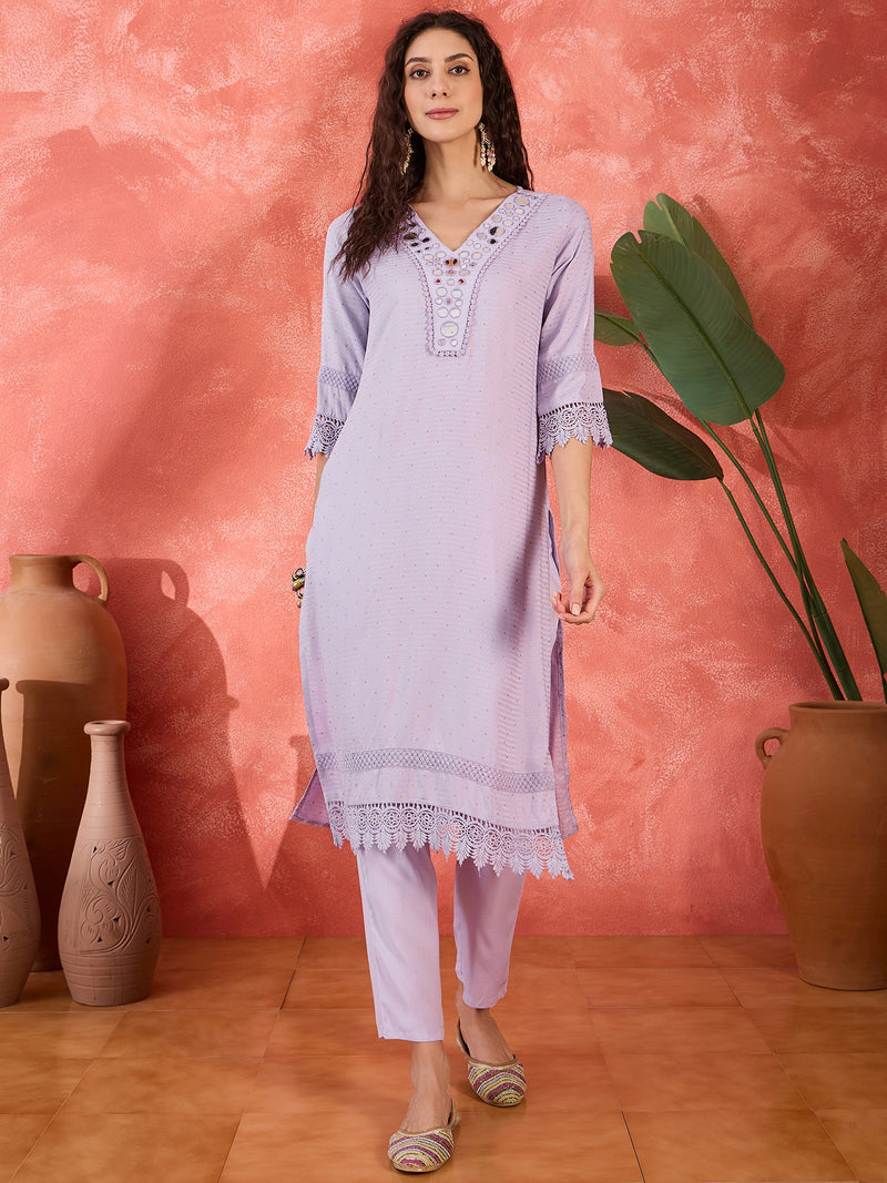 Floral Embroidered V-Neck Pure Cotton Straight Kurta With Trousers with Dupatta
