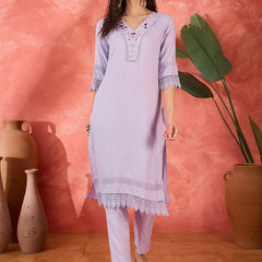 Floral Embroidered V-Neck Pure Cotton Straight Kurta With Trousers with Dupatta