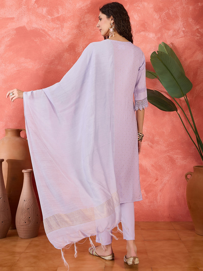 Floral Embroidered V-Neck Pure Cotton Straight Kurta With Trousers with Dupatta