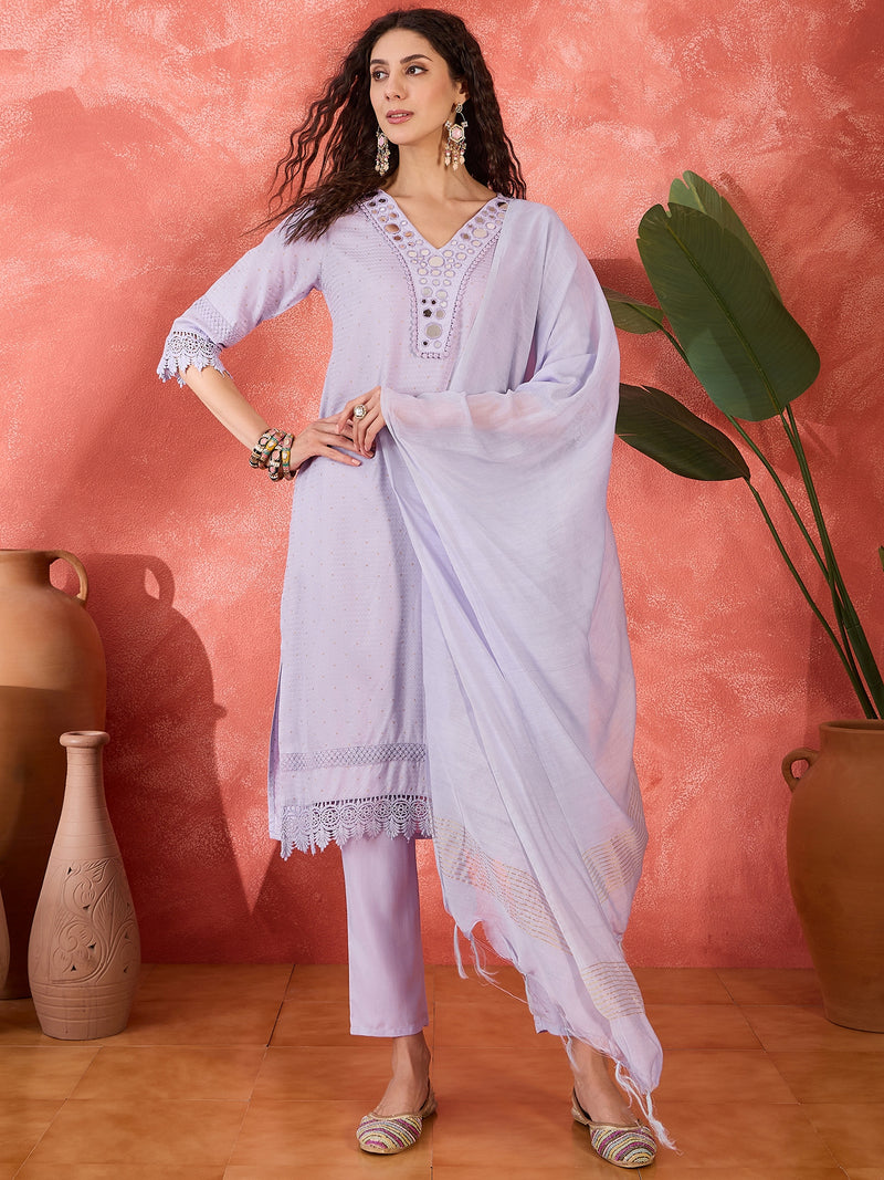 Floral Embroidered V-Neck Pure Cotton Straight Kurta With Trousers with Dupatta