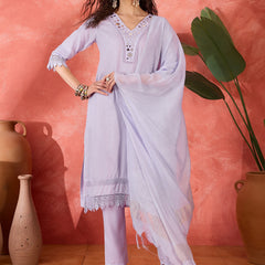 Floral Embroidered V-Neck Pure Cotton Straight Kurta With Trousers with Dupatta