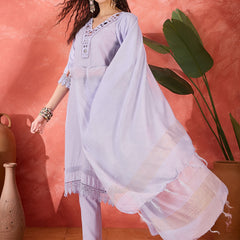 Floral Embroidered V-Neck Pure Cotton Straight Kurta With Trousers with Dupatta