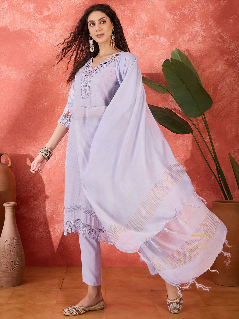 Floral Embroidered V-Neck Pure Cotton Straight Kurta With Trousers with Dupatta