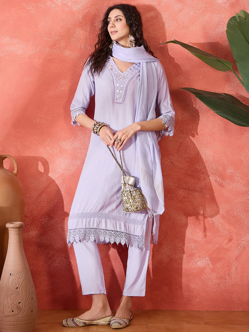 Floral Embroidered V-Neck Pure Cotton Straight Kurta With Trousers with Dupatta
