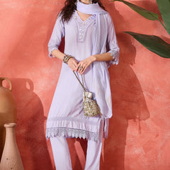 Floral Embroidered V-Neck Pure Cotton Straight Kurta With Trousers with Dupatta