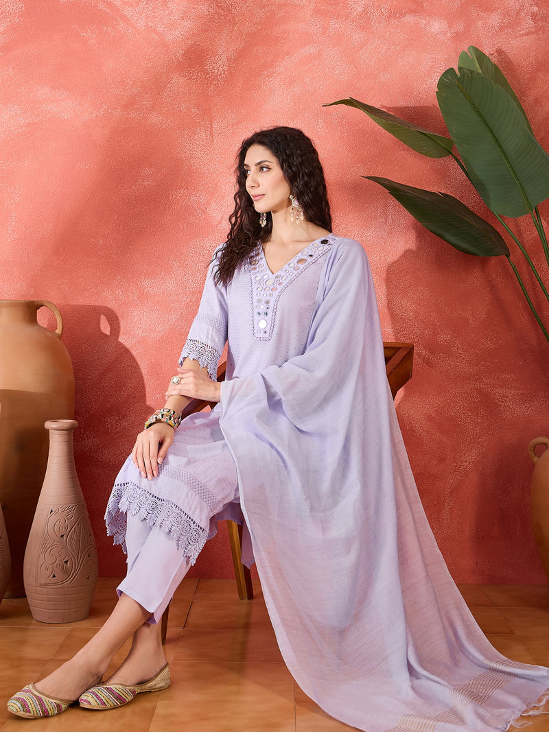 Floral Embroidered V-Neck Pure Cotton Straight Kurta With Trousers with Dupatta