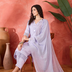Floral Embroidered V-Neck Pure Cotton Straight Kurta With Trousers with Dupatta