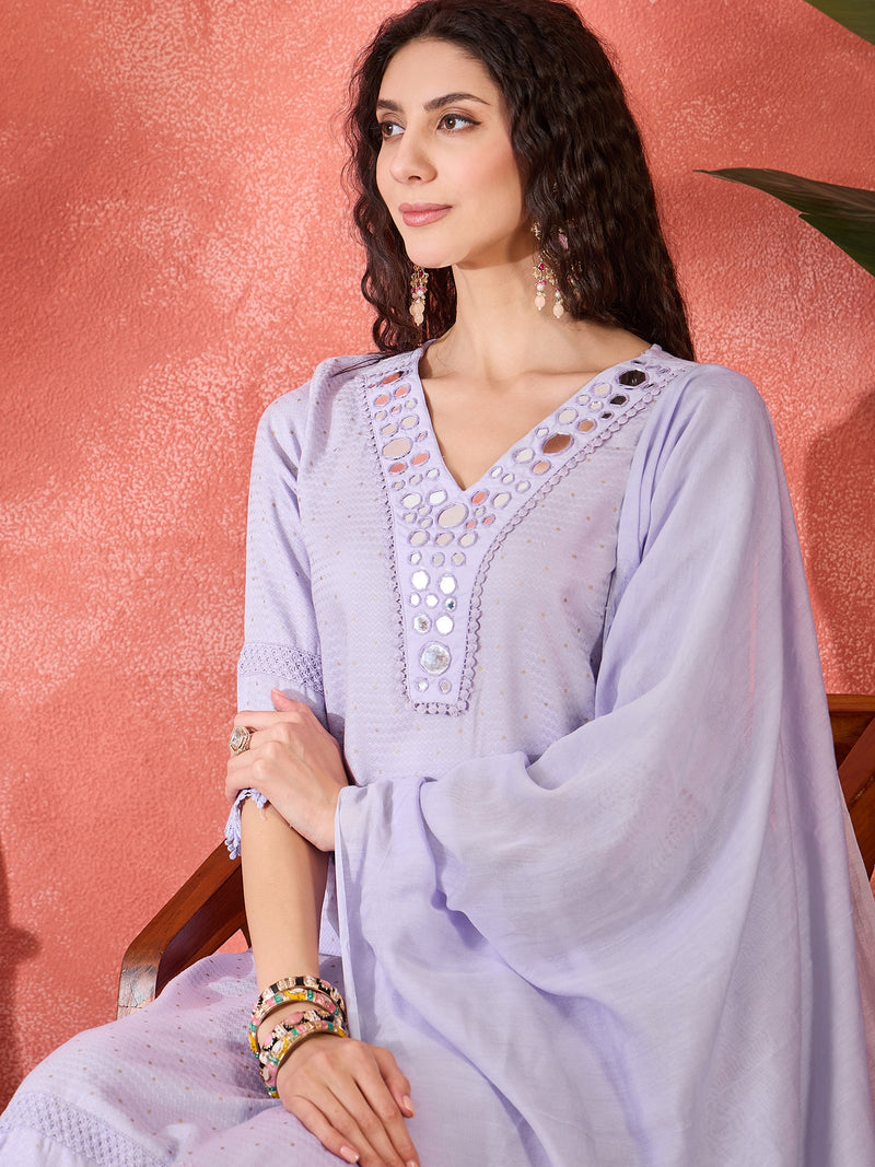 Floral Embroidered V-Neck Pure Cotton Straight Kurta With Trousers with Dupatta