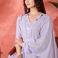 Floral Embroidered V-Neck Pure Cotton Straight Kurta With Trousers with Dupatta