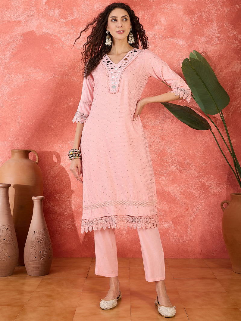 Floral Embroidered V-Neck Pure Cotton Straight Kurta With Trousers with Dupatta