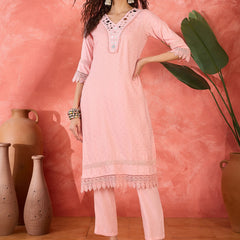 Floral Embroidered V-Neck Pure Cotton Straight Kurta With Trousers with Dupatta